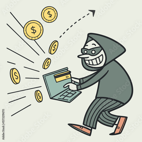  Cartoon Cybercriminal Holding Stolen Credit Cards Amid Floating Coins Online Fraud & Digital Theft Concept, Generative AI
