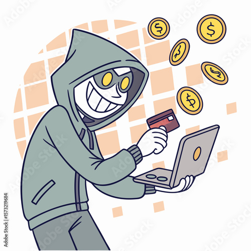  Cartoon Cybercriminal Holding Stolen Credit Cards Amid Floating Coins Online Fraud & Digital Theft Concept, Generative AI