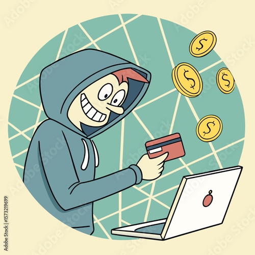  Cartoon Cybercriminal Holding Stolen Credit Cards Amid Floating Coins Online Fraud & Digital Theft Concept, Generative AI