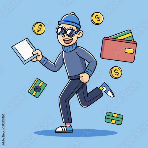  Cartoon Cybercriminal Holding Stolen Credit Cards Amid Floating Coins Online Fraud & Digital Theft Concept, Generative AI