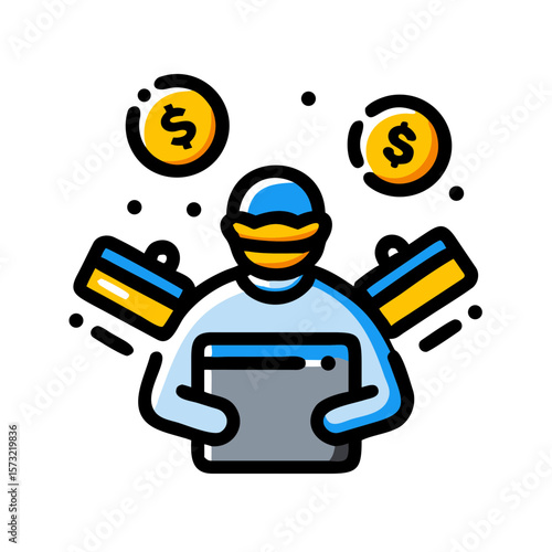  Cartoon Cybercriminal Holding Stolen Credit Cards Amid Floating Coins Online Fraud & Digital Theft Concept, Generative AI