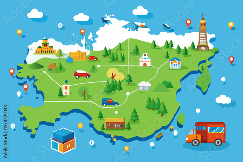 Cartoon map of Russia with landmarks and transport Russia map infographic
