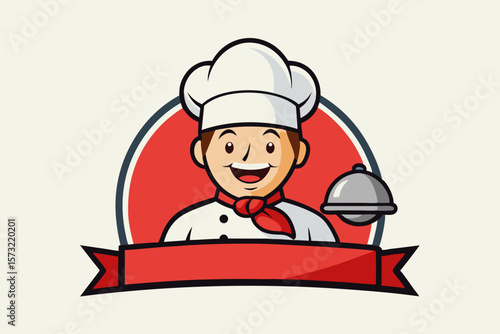 Cheerful chef with cloche and red ribbon cooking food