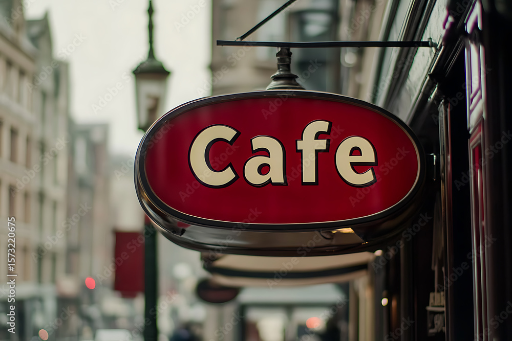 Fototapeta premium A cafe sign hangs outside a building, beckoning passersby for a coffee break. The red and cream sign adds a touch of charm to the urban setting.