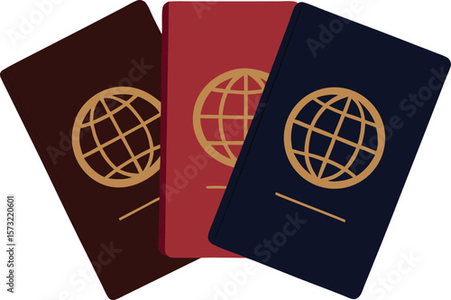 Three passports with globe emblem in red blue and maroon