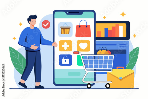 Man with mobile shopping app and cart online shopping mobile app
