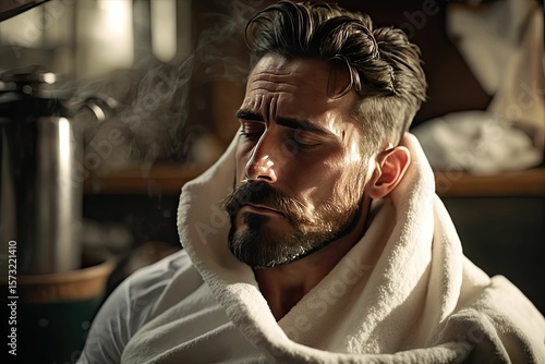 A man enjoys a hot towel wrap at a barbershop