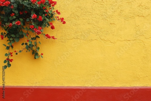Yellow Stucco Wall with Red Bougainvillea Blooms and Green Leaves Background