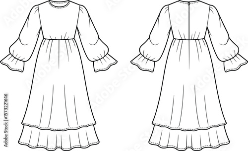 Women's fashion black and white outline vector illustration of a charming tiered midi dress with voluminous sleeves, perfect for a comfortable and stylish bohemian or casual look, a must-have.