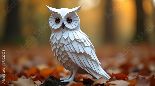 Close-up of a white owl made from folded white paper. The background is an autumn forest.