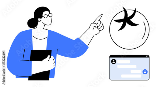 Woman points at Pisces zodiac sign while holding a folder next to a chat window. Ideal for astrology, education, communication, personal growth, digital consulting, collaborative learning, simple