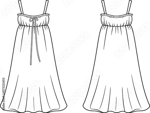 Women's fashion black and white outline vector illustration of a comfortable long nightgown with delicate straps and a charming front tie, perfect for relaxed and stylish loungewear, a must-have for.