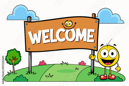 Cheerful character with welcome sign in grassy landscape cartoon happy