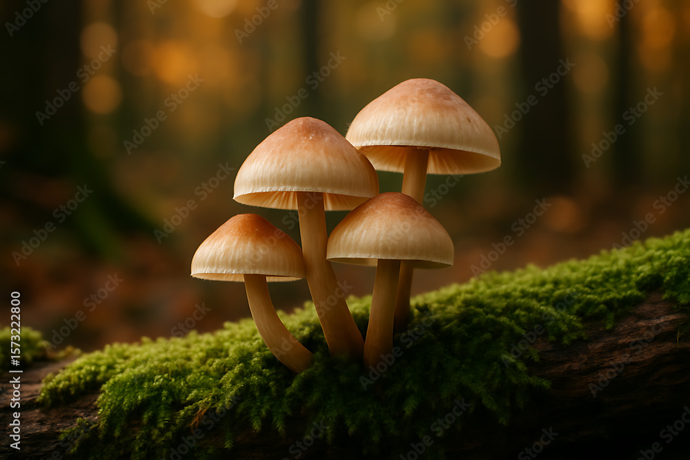 Fototapeta premium Cluster of mushrooms on mossy log in autumn forest with soft light