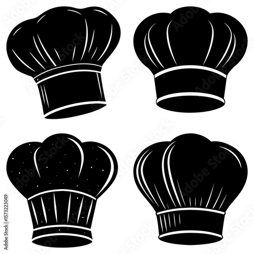 Illustration of four chef hats in black and white with varying styles and line work details shown here