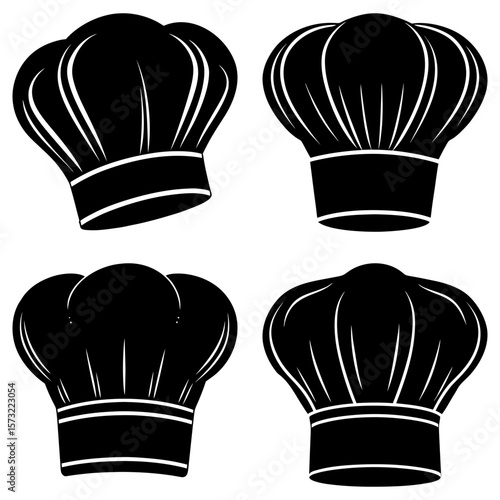Four black and white chef hats with varying designs and styles arranged in a square formation on white