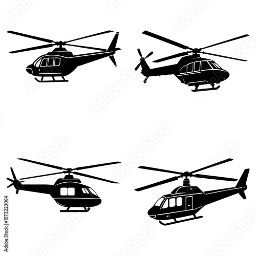 Illustration showing four black silhouette helicopters in various flying positions on a white background