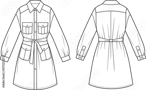 Women's fashion black and white outline vector illustration of a versatile long-sleeve shirt dress with pockets and a belt, ideal for casual and stylish everyday wear, a must-have for all seasons.