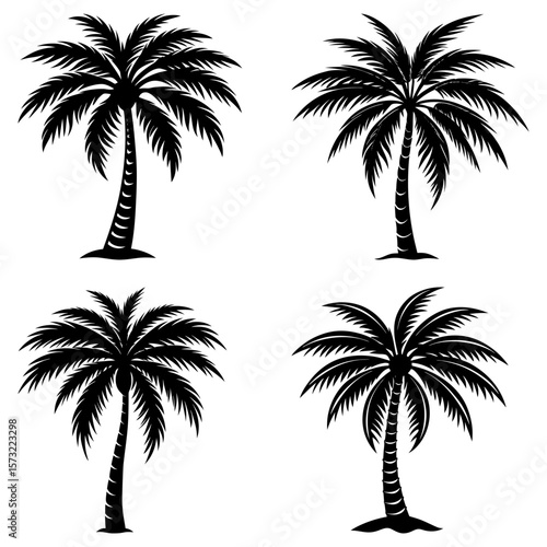 Four silhouette palm trees with detailed fronds and textured trunks on a white background design element