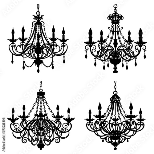 Four ornate chandeliers with multiple lights and decorative elements in a silhouette arrangement style