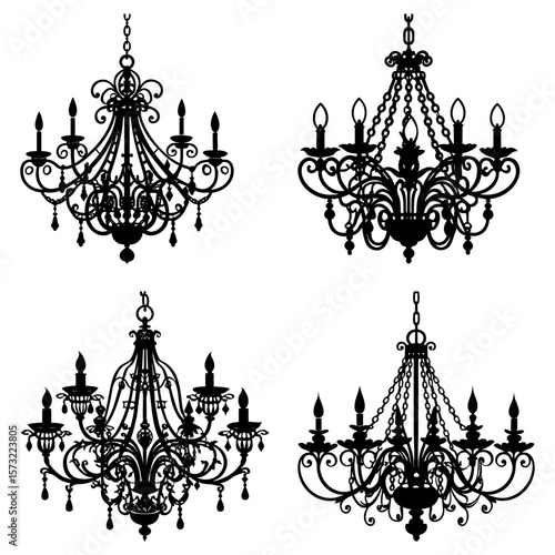 Four decorative chandeliers with intricate designs and multiple lights hanging from chains in black silhouette