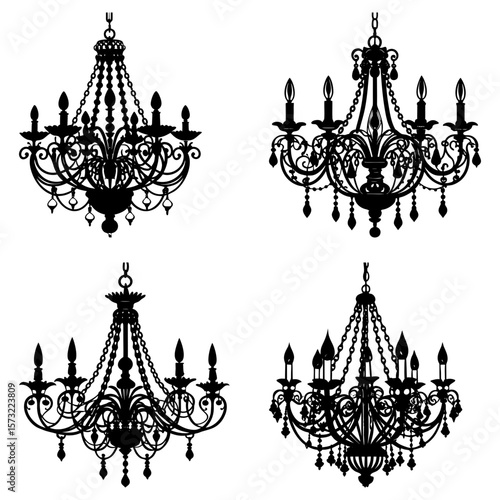 Silhouette illustration of four ornate chandeliers with multiple arms and candle style light fixtures