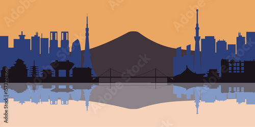Vector silhouette of Tokyo skyline with Mount Fuji and sunset background. Modern skyscrapers and traditional Japanese architecture with water reflection. Ideal for travel and culture themes.