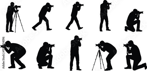 Photographer Silhouettes Collection, Professional Camera Users, Various Poses, Capturing Moments, Media, Journalism, Hobby, Event Photography, Creative Visuals, Stock Images