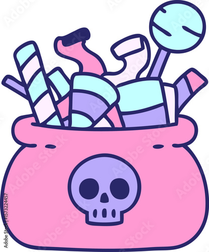 cartoon of a halloween candy bag full of treats in bright neon color