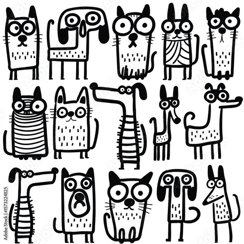 Funny dogs and cats doodle icons with playful expressions and quirky charm. Hand-drawn in a cute, cartoon style—perfect for kids’ projects, pet designs, stickers, and fun artwork.