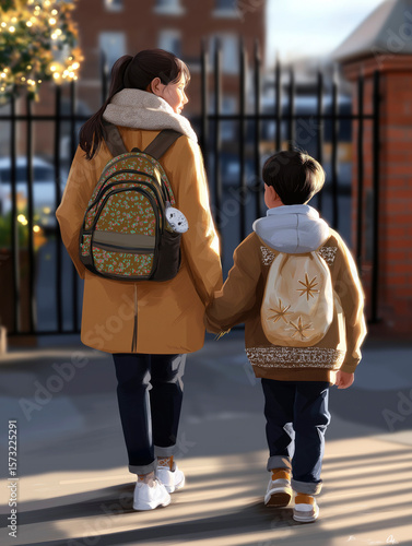 Woman and child walking hand in hand with backpacks on a sunny day, ready for school