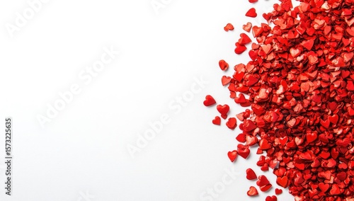 Red hearts cascade onto a white background
