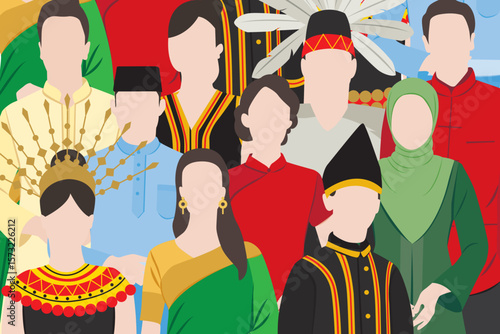 Vector illustration of colours of Malaysia. Malay, Indian, Chinese, India, Kadazan, Iban. Flat design. Malaysia main ethnic groups with traditional costume