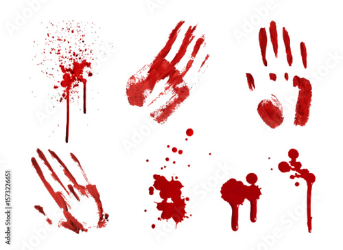 Red bloodstain set for halloween horror designs - dripping splashes, finger and handprints, scattered drops. Spooky crime scene element with realistic texture for thriller poster, scary decoration