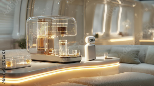 A futuristic coffee maker with a robot assistant on a counter in a modern bright interior space