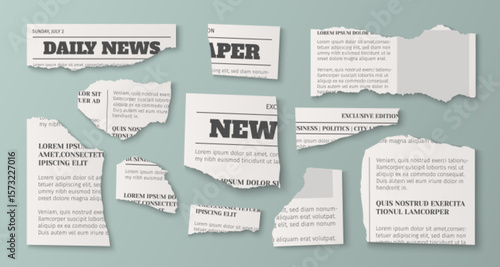 Torn newspaper fragments - daily news headlines, exclusive edition sections, business politics articles with ripped edges. Vintage paper scraps for media collages, journalism and retro design layouts.