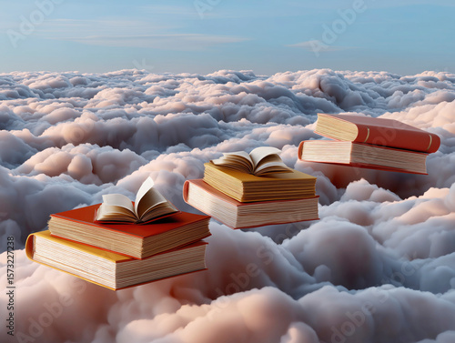 Books floating on clouds, representing education and imagination in a surreal landscape