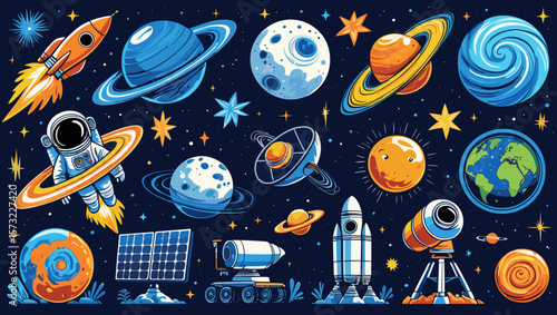 Illustration showing planets, rockets, astronaut, stars, and space exploration items
