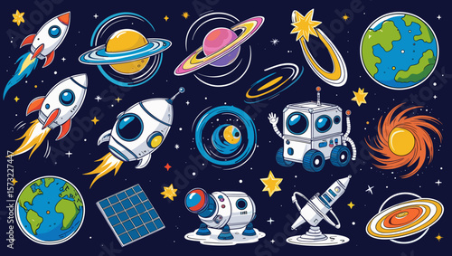 Illustration of space objects including planets, rockets, and a rover on dark background