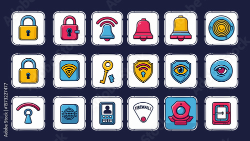 Illustration of security icons including locks bells wifi and network symbols arranged