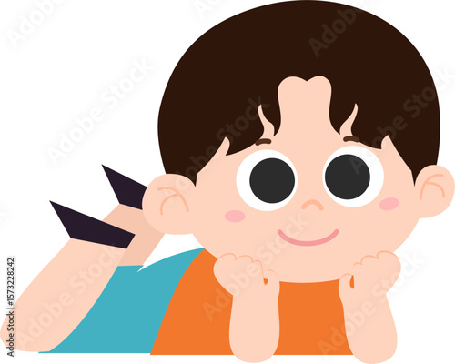 Smiling Boy Lying on the Floor Illustration. Curly Hair, Kids Vector Illustration.