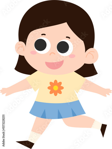 Smiling Running Girl Illustration. Short Bob Hair, Floral Shirt and Denim Skirt, Kids Vector Illustration.