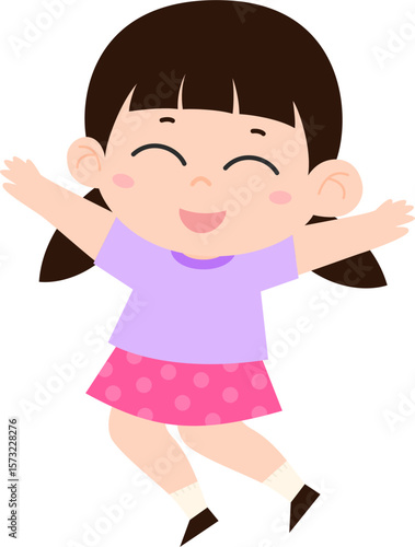 Smiling and Joyfully Jumping Girl Illustration. Pigtail Hairstyle, Polka Dot Skirt, Kids Vector Illustration.