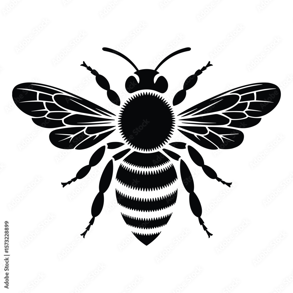 Fototapeta premium Detailed black silhouette of a bee with intricate wings and body