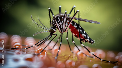Aedes Mosquito on Eggs:Close-up view of an Aedes mosquito perched on a cluster of eggs. The mosquito's intricate markings and long legs are clearly visible against the blurred background.