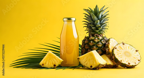  A high-contrast image of a fresh pineapple juice bottle and juicy pineapple rings, styled with tropical leaves and a yellow gradient backdrop