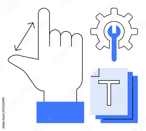 Hand gesture with arrows, gear with wrench, and stacked documents. Ideal for technology, user interface, customization, tool setup, file management, digital workspace simple landing page