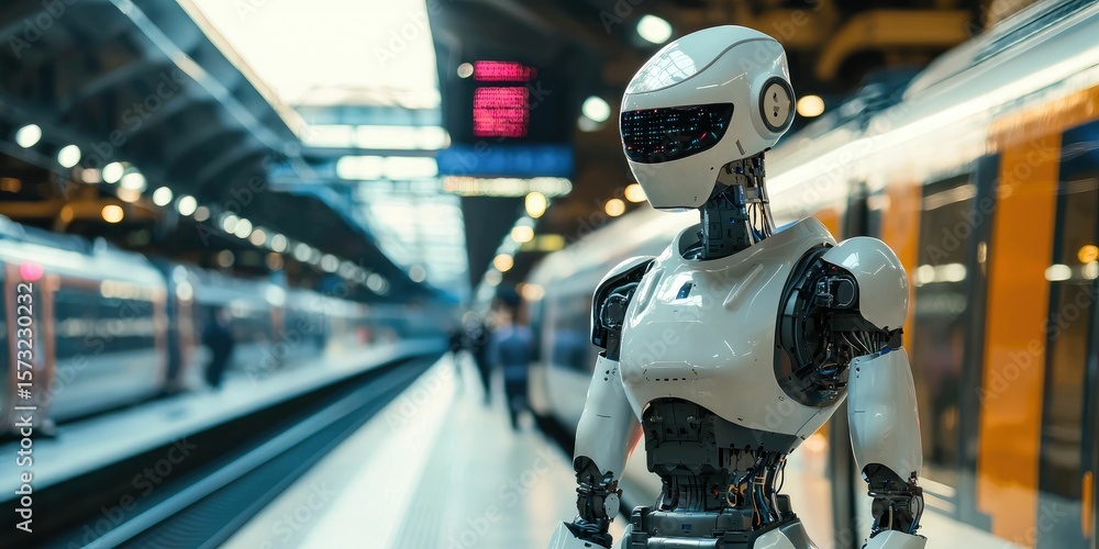 Fototapeta premium Futuristic robot assistants helping passengers board trains