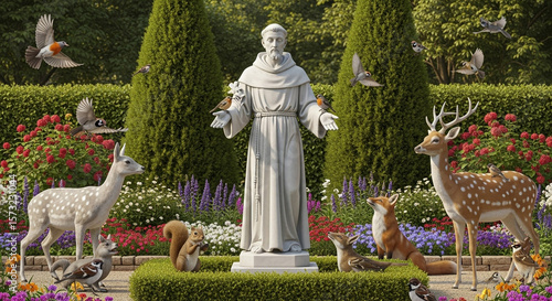 Saint Francis of Assisi Day – Garden with Statue and Animals