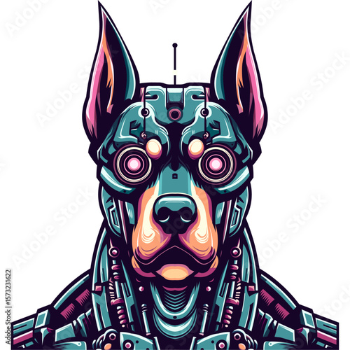 robotic doberman bog in flat color block vector illustration with clear background with perfect color separation